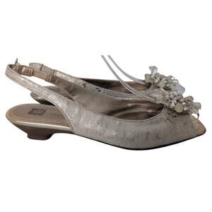 Kitten Heel Slingback Pumps Women 6M Bead Rhinestone Square Peep Toe Metallic